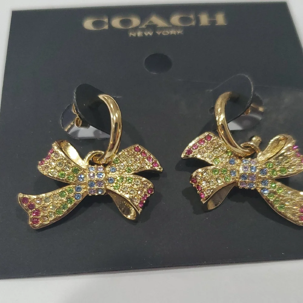 Coach bright multicolored pave crystal gemstones adorned bow post earrings new - Picture 1 of 10
